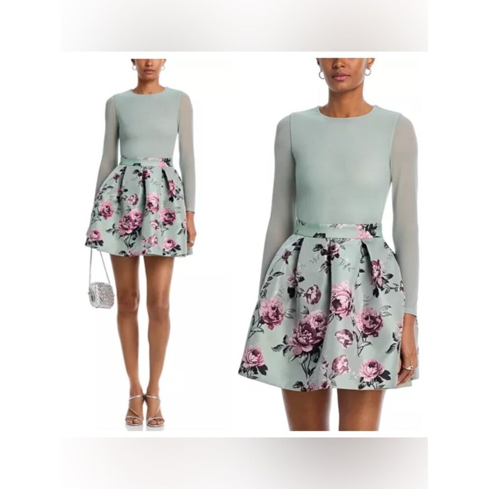Alice + Olivia Chara Pleated Mini Dress Sage Green Floral Mesh NWT Size 10